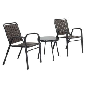 3-Piece Patio Bistro Table Set, Outdoor Furniture Set with 2 Stackable Patio Dining Chairs and Glass Table for Yard Balcony Porch, Black and Coff