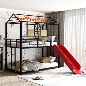 Bunk Metal Bunk Bed, Metal Bed With Slide (Color: Black)