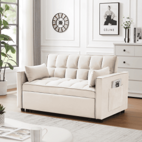 Modern Velvet Loveseat Futon Sofa Couch W Pullout Bed,Small Love Seat Lounge Sofa W Reclining Backrest,Toss Pillows, Pockets,Furniture For Living (Color: White)