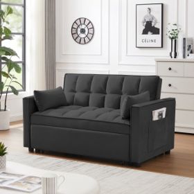 Modern Velvet Loveseat Futon Sofa Couch W  Pullout Bed,Small Love Seat Lounge Sofa W Reclining Backrest,Toss Pillows, Pockets,Furniture For Livin (Color: Black)