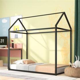 House Bed Frame Double Bed, Kids Bed Frame Metal Platform Bed Floor Bed, Suitable For Boys And Girls, No Spring Mattress Required, Black (Color: Black)