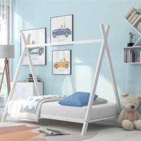 House Bed Tent Bed Frame Double Size Metal Floor Play House Bed With Slats For Kids Boys Girls Without Spring Mattress White (Color: White)