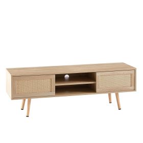 55.12 Inches Rattan TV Cabinet With Double Sliding Doors For Storage, Adjustable Shelves, Solid Wood Legs, Living Room TV Cabinet, Natural Color (Option: Natural color)