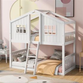 Bunk House Bed With Ladder, Wooden Bed - White (Color: White)