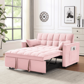 Modern Velvet Loveseat Futon Sofa Couch W Pullout Bed,Small Love Seat Lounge Sofa W Reclining Backrest,Toss Pillows, Pockets,Furniture For Living (Color: Pink)