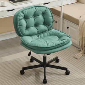 Armless Office Desk Chair With Wheels  PU Leather Cross Legged Wide Chair,Comfortable Adjustable Swivel Computer Task Chairs For Home,Office,Make (Color: Green)