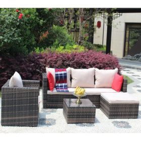 Rattan Patio Furniture Set Wicker Sofa Cushioned Sectional Furniture Set Garden Patio Sofa Set 4 Pieces, Brown (Color: Brown)