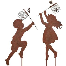 1 Pair Boy Girl Catching Butterfly Metal Decorative Garden Stakes Outdoor Garden Decor Boy Girl Silhouette Yard Stakes Spring Decor (Option: Boy and girls one pair)