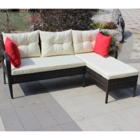 Outdoor Patio Furniture Sets 2 Piece Conversation Set Wicker Ratten Sectional Sofa With Seat CushionsBeige Cushion (Color: Brown)