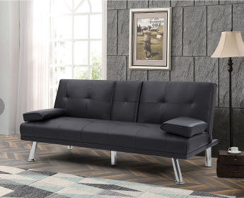 Black PU 66inch Sleeper Sofa,2-seat Sofa With Cup Holder, Folding Sofa Bed, Accompany Two Head Pillows (Color: Black)