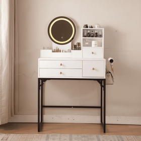 Vanity Desk With Lighted Mirror & Power Outlet, Makeup Vanity Desk With Drawers And Cabinet, Sturdy Iron Bracket, Make Up Vanity Table For Bedroo (Color: White)