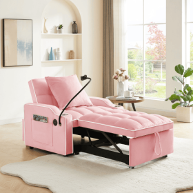 3-in-1 Sofa Bed, Convertible Sleeper Chair Sofa Bed Adjustable Pull Out Sleeper Chair Bed Multi-Pockets Folding Sofa Bed For Living Room Bedroom (Color: Pink)