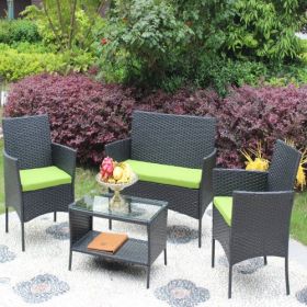 4 PC Rattan Patio Furniture Set Outdoor Patio Cushioned Seat Wicker Sofa Green Cushion (Color: Black)