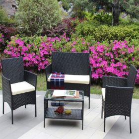 4 PC Rattan Patio Furniture Set Outdoor Patio Cushioned Seat Wicker Sofa Beige Cushion (Color: Black)