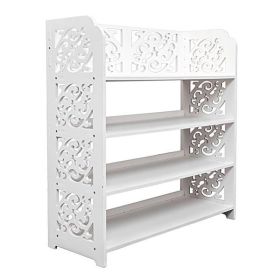 Wood Plastic Panel-4 Layer Carved Shoe Rack (Color: White)