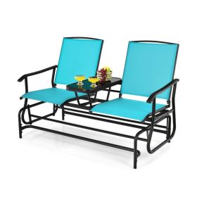 2-Person Double Rocking Loveseat with Mesh Fabric and Center Tempered Glass Table (Color: Turquoise)