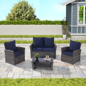 4 Pieces Outdoor Patio Furniture Sets Garden Rattan Chair Wicker Set, Poolside Lawn Chairs with Tempered Glass Coffee Table Porch Furniture (Color: Gray Rattan + Dark Blue color Cushion)