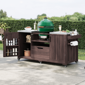 66.5" Outdoor Kitchen Island for Big Green Egg Grills, Solid Wood Outdoor Grill Cart for Tabletop Grill with Stainless Steel Top, Drawer (Color: Brown, Material: Wood + Stainless Steel)