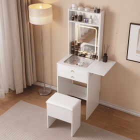 Vanity Desk With Lighted Mirror, Makeup Vanity Desk With Drawers And Storage Cabinet For Bedroom, Glass Desktop, 3 Lighting Modes Adjustable Brig (Color: White)