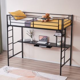 Loft Bed With Table Shelf 198x97.79x182cm Black Iron Bed (Color: Black)