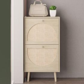 2 Flip Bucket Shoe Cabinets With High Legged Round Rattan Surface (Option: Natural)