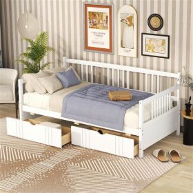 Double Sofa Bed Wooden Bed With Two Drawers, White (Color: White)